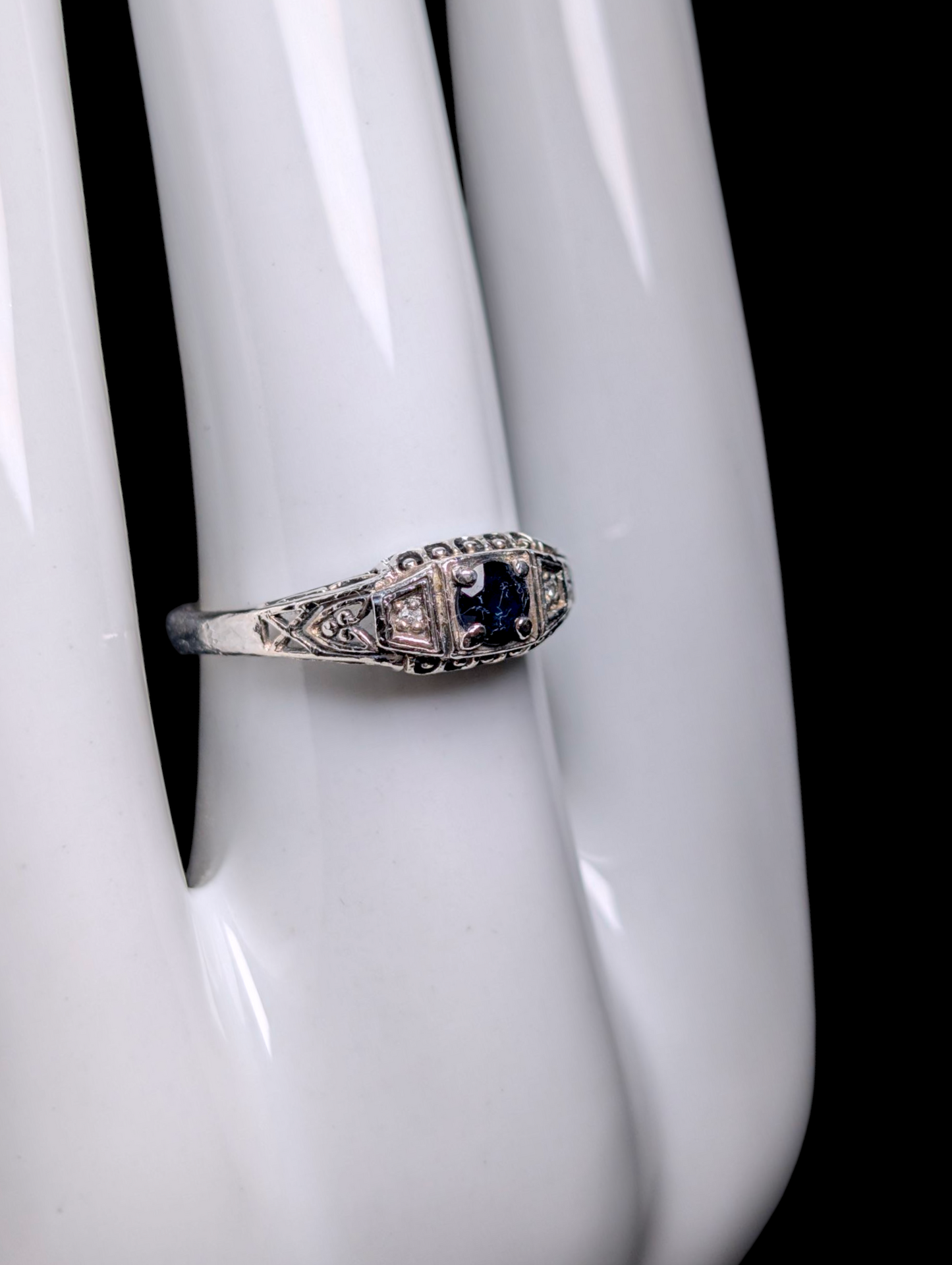 Vintage Edwardian Inspired Round Cut Genuine Blue Sapphire Solitaire with Diamond Accent Stones Sterling Silver Ring