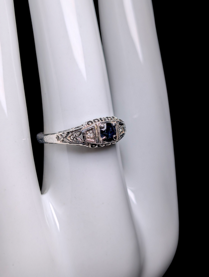 Vintage Edwardian Inspired Round Cut Genuine Blue Sapphire Solitaire with Diamond Accent Stones Sterling Silver Ring