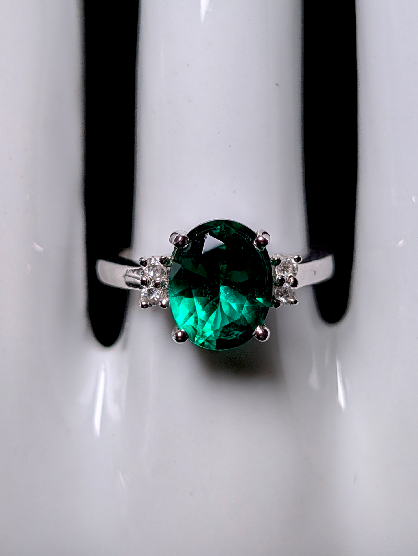 Vintage Inspired Simulated Emerald Solitaire with Simulated Diamond Accents Sterling Silver Ring