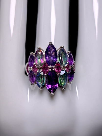 Vintage Art Deco Inspired Genuine Northern Lights Mystic Topaz, Grape Amethyst and Rhodolite Garnet Sterling Silver Cluster Cocktail Statement Ring