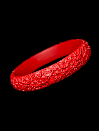 Vintage Red Dimensional Carved Cinnabar Flowers and Foliage Bangle Bracelet