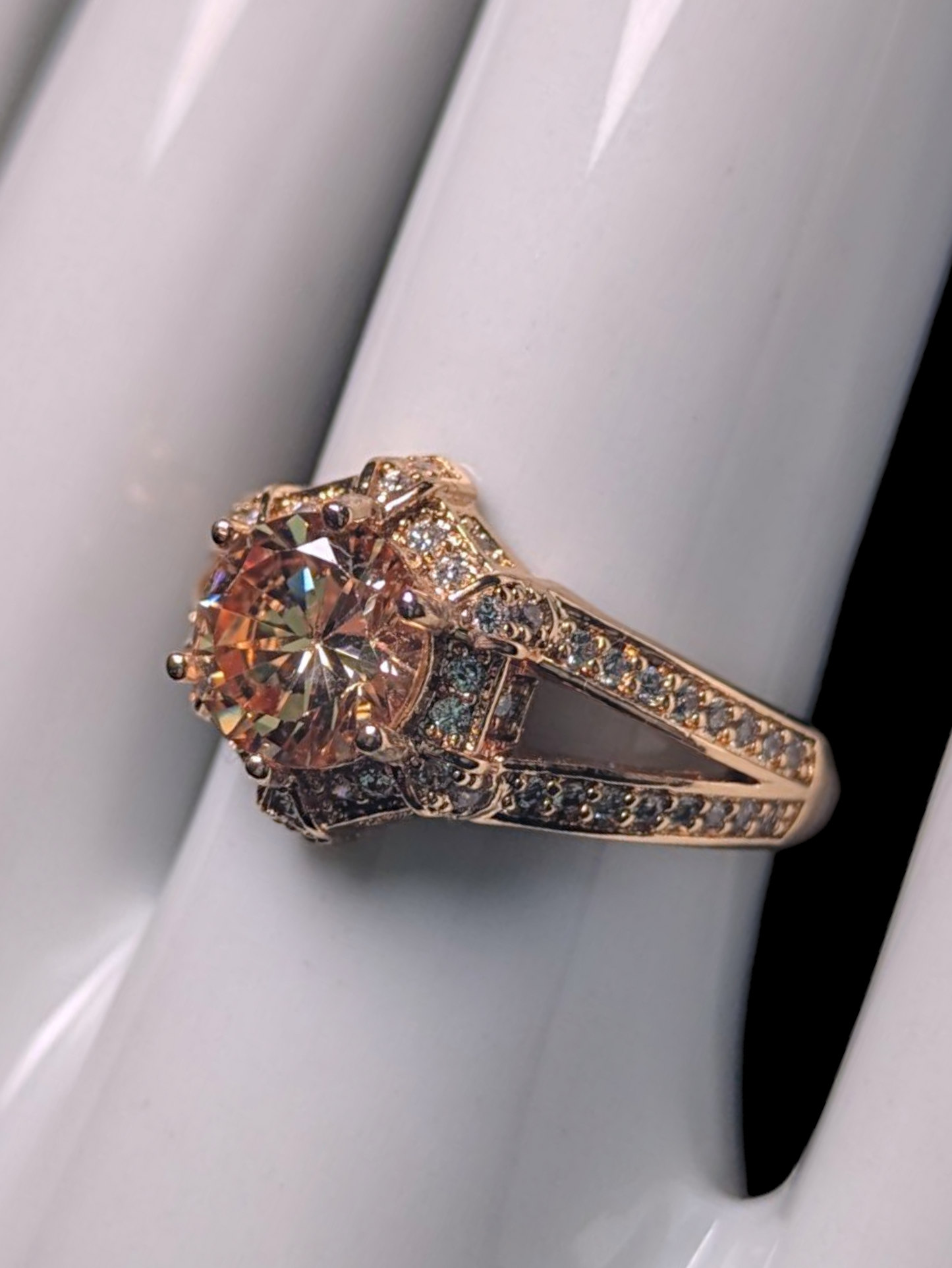 Vintage Inspired Round Cut Simulated Citrine Solitaire with Simulated Diamond Halo and Band Accents Gold Toned Ring