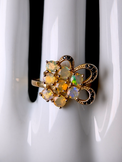 Vintage Round Cut Genuine Fire Opal and Black Onyx Yellow Gold over Sterling Cluster Statement Ring
