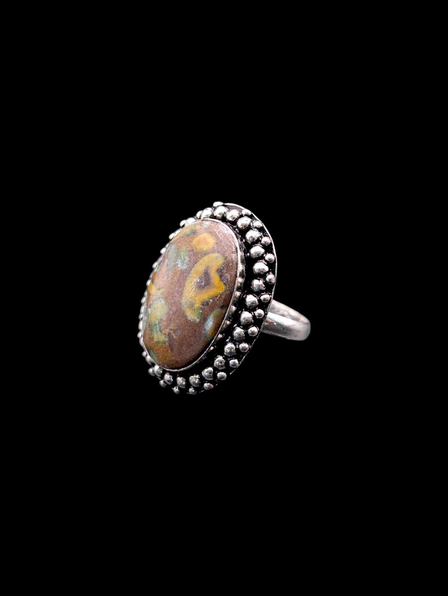 Vintage Spotted Fruit Jasper Oval Studded Artisan Boho Silver Ring