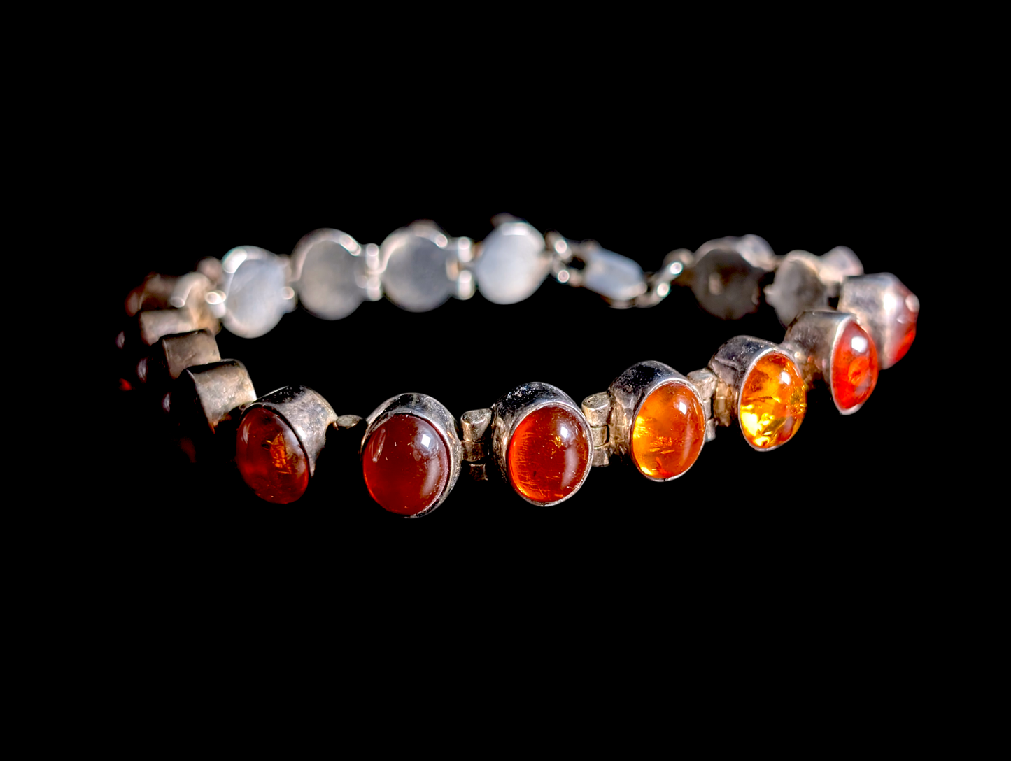 Vintage Oval Cut Cabochon Bezel Set Genuine Baltic Honey Amber Sterling Silver Tennis Bracelet