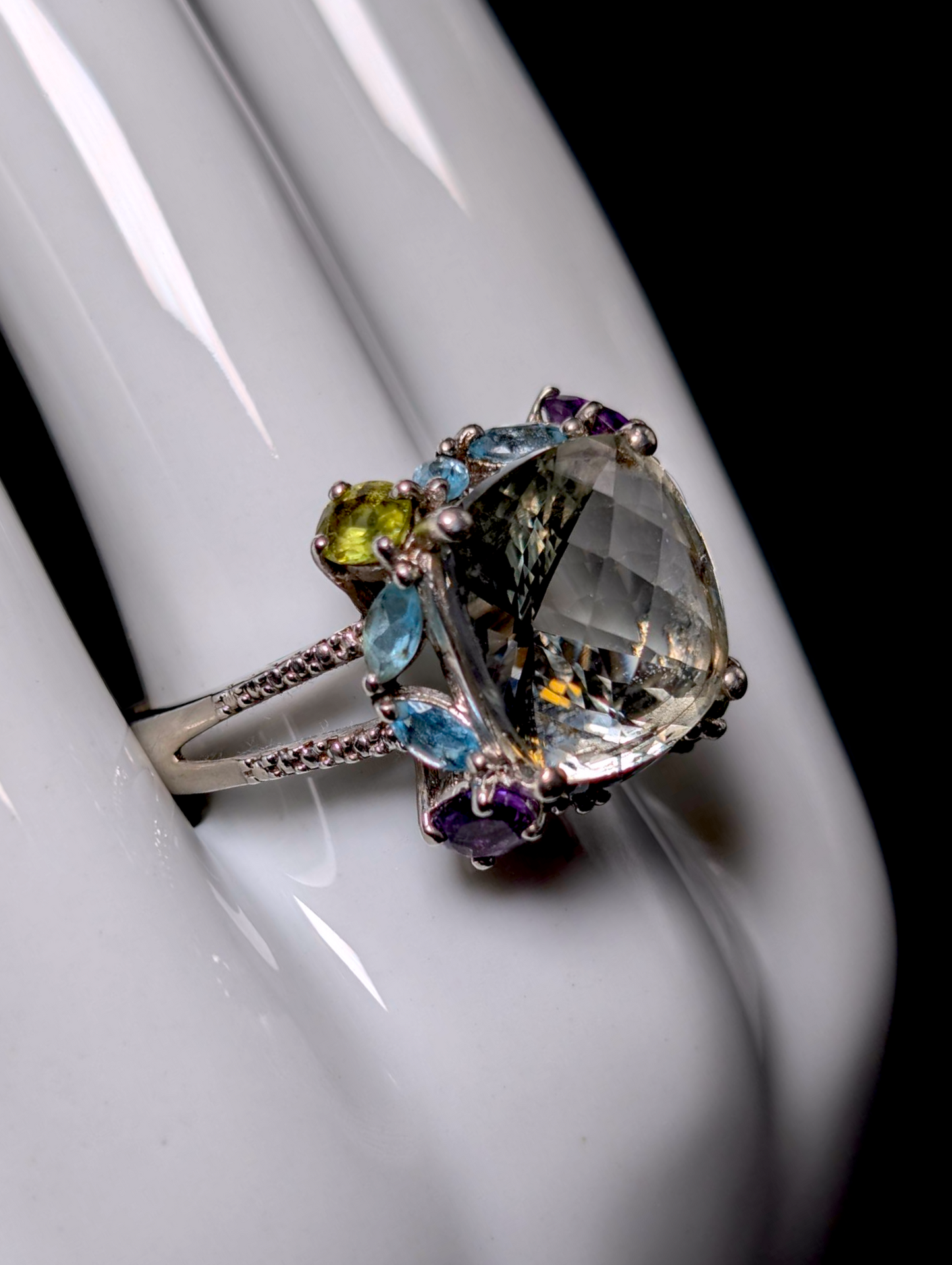 Vintage Multi-Gemstone 9 Carat Solitaire Genuine Prasiolite, Topaz, Amethyst and Peridot Sterling Silver Statement Ring