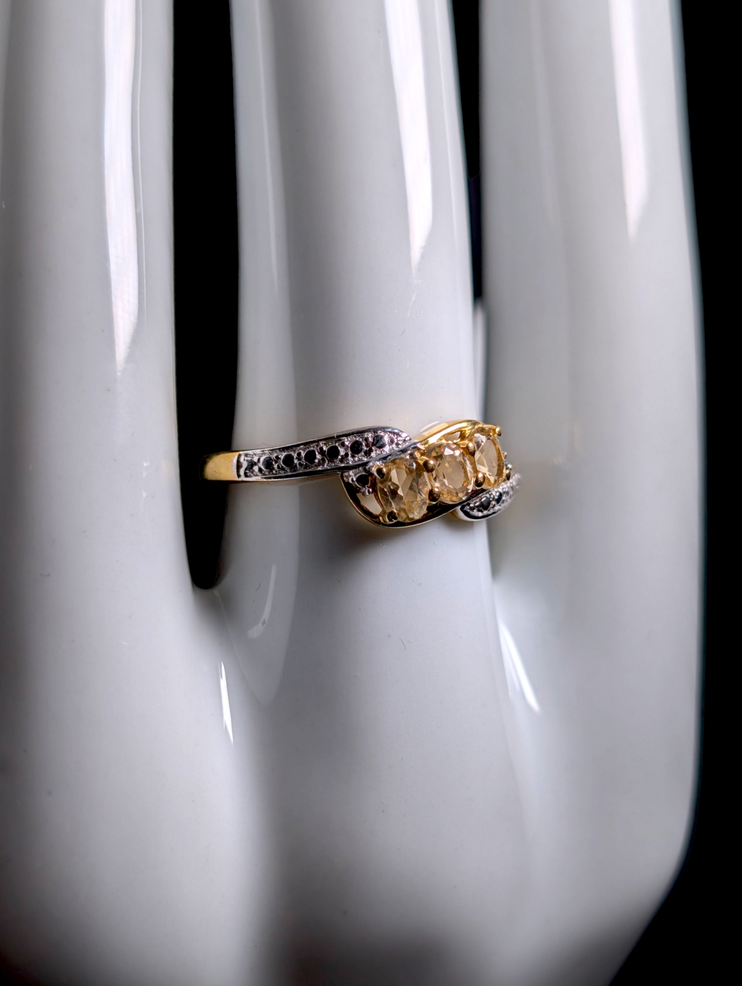 Vintage Oval Cut Three Stone Genuine Yellow Citrine 18K Yellow Gold Vermeil Sterling Silver Cross Over Ring