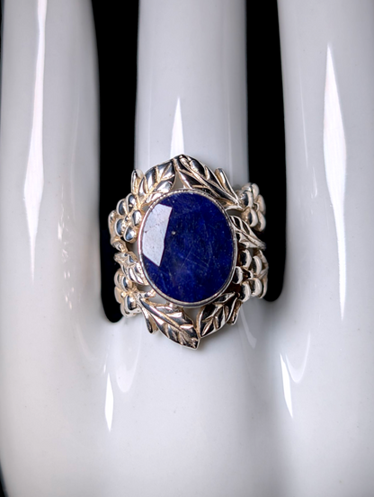 Vintage 6 Carat Art Nouveau Inspired Oval Cut Bezel Set Genuine Royal Blue Sapphire Solitaire Flower Filigree Sterling Silver Ring