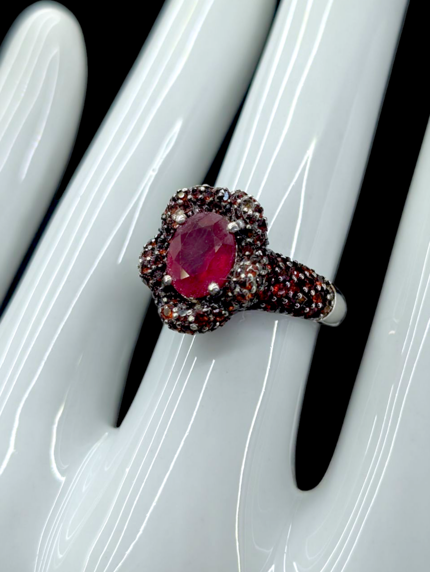 Vintage Earth Mined Genuine Ruby Solitaire and Spessartite Garnet Clustered Flower Mount Rhodium over Sterling Silver Ring