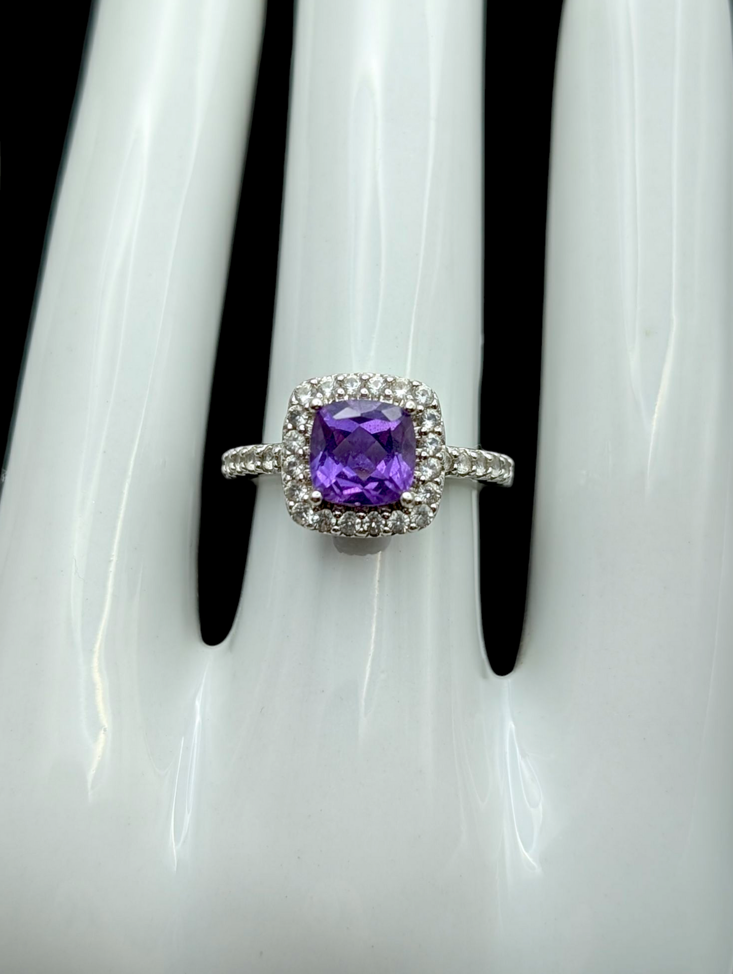 Vintage Cushion Cut Solitaire Genuine Grape Amethyst and White Topaz Halo Sterling Silver Ring