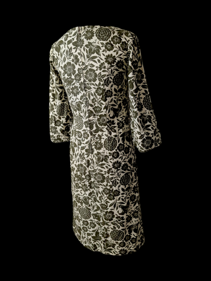 1960s Vintage Mod Green and Cream Boat Neck, 3/4 Bell Sleeve, in Broadcloth Handmade Dress