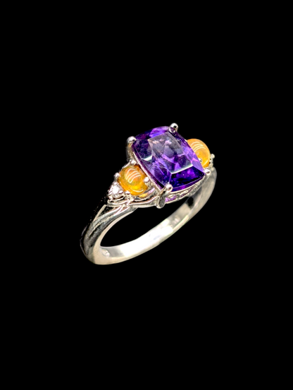 Vintage Rectangular Cushion Rose Cut Genuine Amethyst Solitaire, Fire Opal and White Topaz Sterling Silver Ring