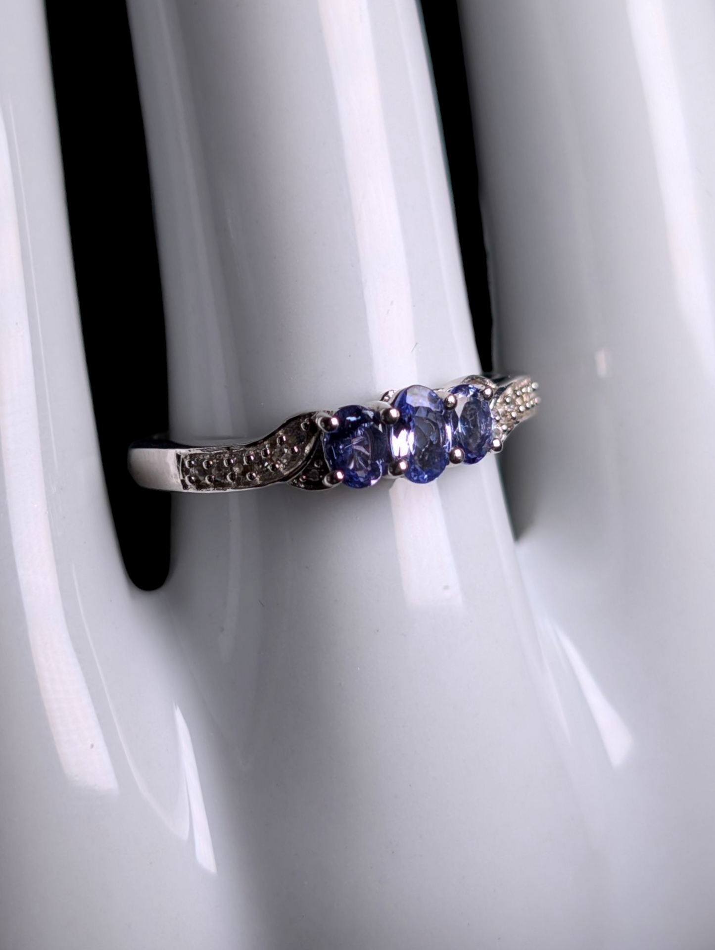Vintage Dainty Three Stone Earth Mined Genuine Tanzanite and White Topaz Sterling Silver Ring