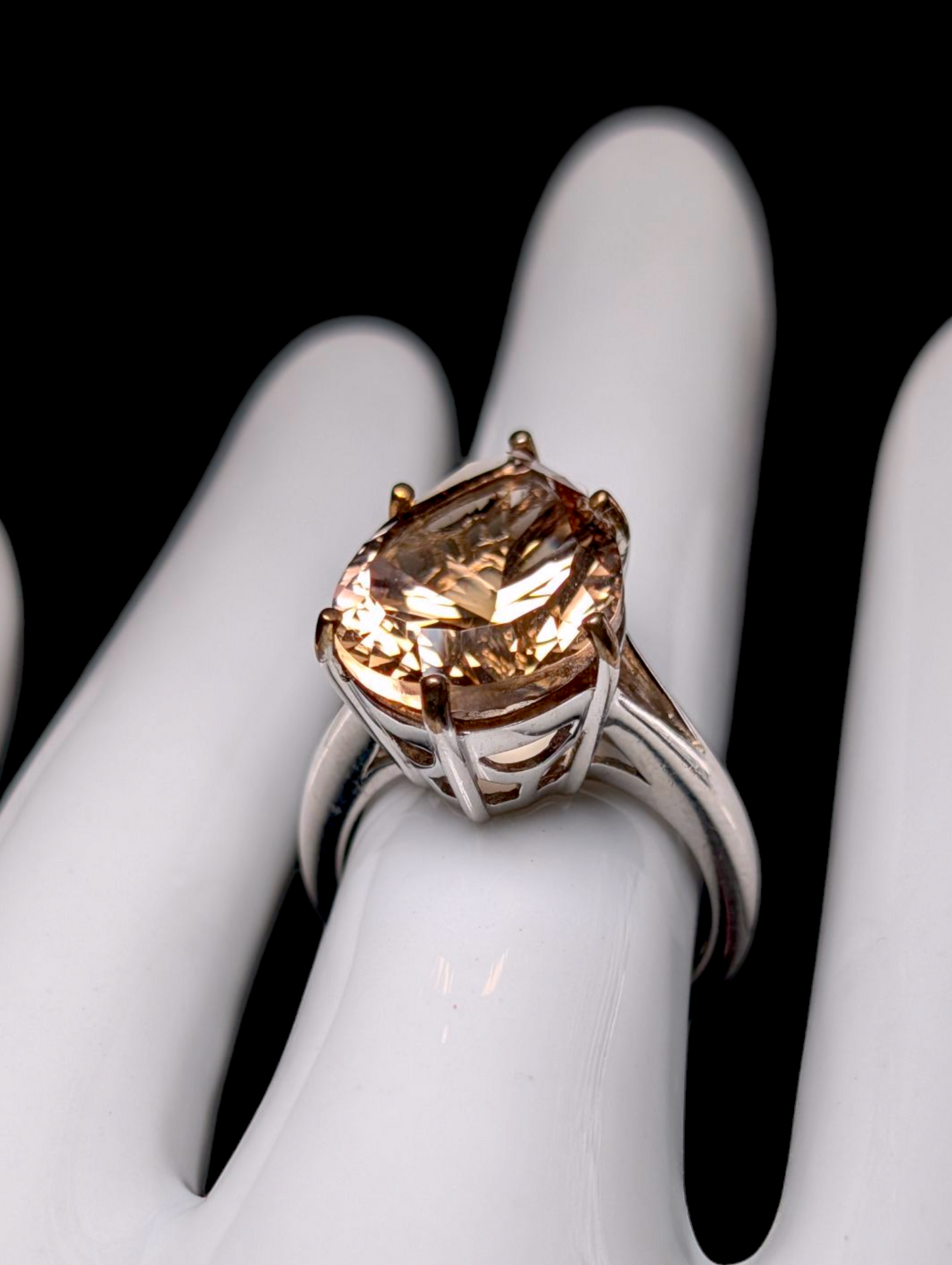 Vintage Large Pear Cut Genuine Champagne Quartz Sterling Silver Statement Ring