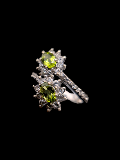 Vintage Starburst Double Genuine Peridot and White Topaz Halo Sterling Silver Ring