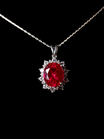 Vintage Large Genuine Ruby and White Topaz Starburst Halo Sterling Silver Pendant