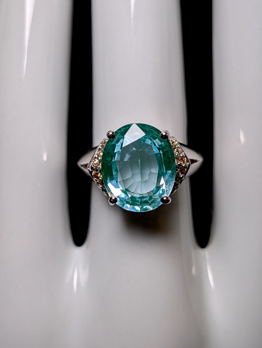 Vintage Large Oval Cut Genuine Sky Blue Topaz Solitaire with Simulated Diamonds Sterling Silver Statement Ring