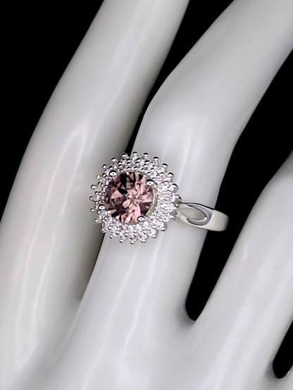Vintage Inspired Round Brilliant Cut Simulated Pink Sapphire Solitaire with Simulated Diamond Double Sunburst Halo Silver Toned Ring