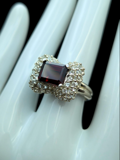 Vintage Bow Genuine Garnet Emerald East West Cut and White Topaz Cluster Sterling Silver Statement Cocktail Ring