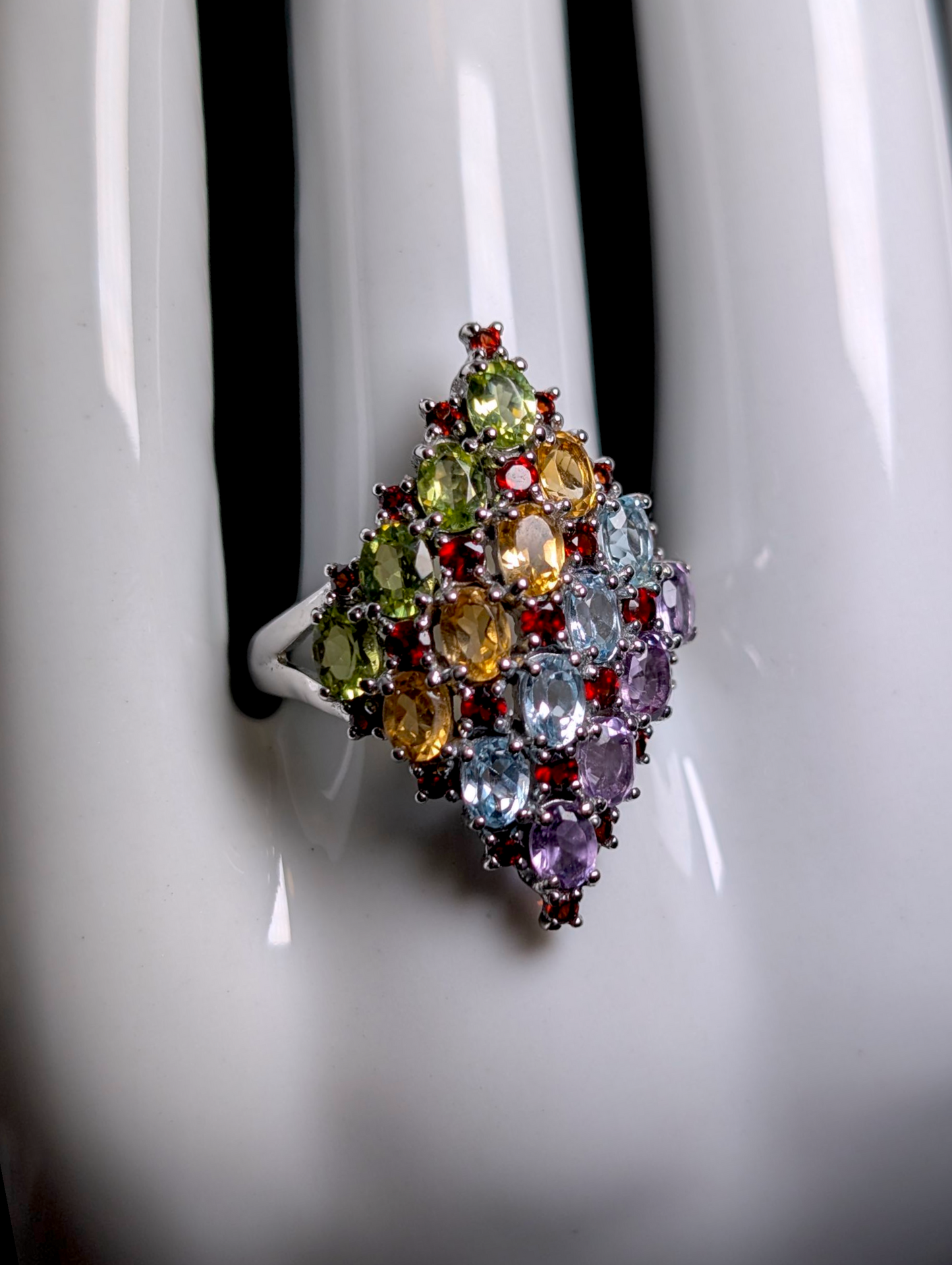 Vintage Fruit Salad Cocktail Genuine Amethyst, Topaz, Citrine, Peridot, Garnet Sterling Silver Ring