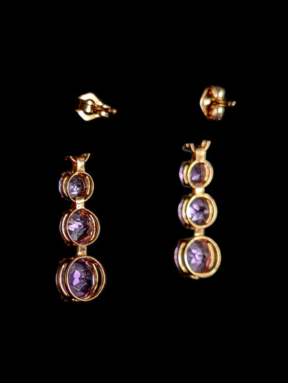 Vintage Round Cut Graduating Genuine Amethyst 14k Yellow Gold Dangle Earrings