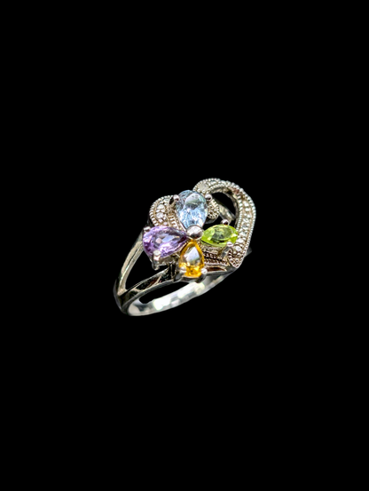 Vintage Heart Filigree Genuine Amethyst, Peridot, Citrine, Diamond and Topaz Flower Sterling Silver Ring