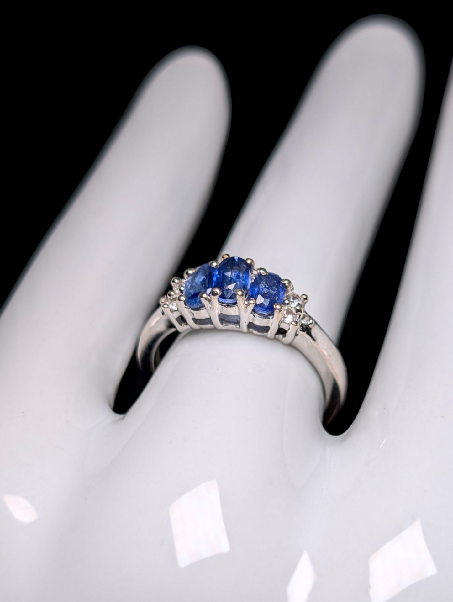 Vintage Dainty Three Stone Genuine Blue Kyanite and White Zircon Sterling Silver Ring