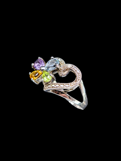 Vintage Heart Filigree Genuine Amethyst, Peridot, Citrine, Diamond and Topaz Flower Sterling Silver Ring