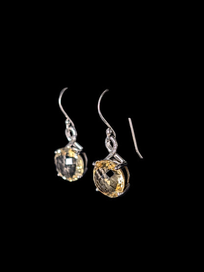 Vintage Round Rose Cut Genuine Golden Citrine Sterling Silver Dangle Earrings