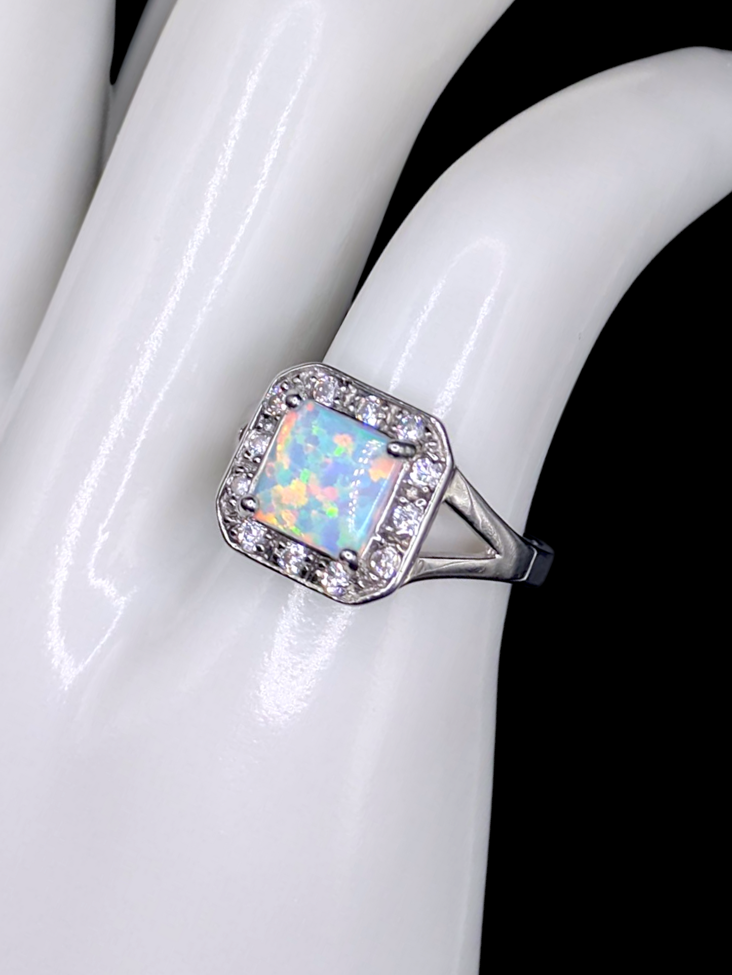 Vintage Square Cabochon Cut Genuine Opal Solitaire with Simulated Diamond Halo Sterling Silver Ring
