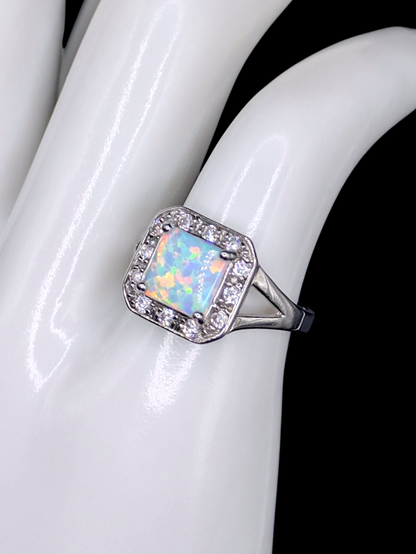 Vintage Square Cabochon Cut Genuine Opal Solitaire with Simulated Diamond Halo Sterling Silver Ring