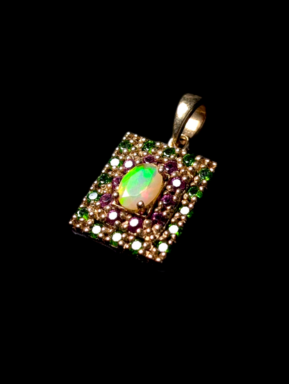 Vintage Genuine Ethiopian Opal Solitaire, Emerald, and Pink Tourmaline Double Halo 14k Gold over Sterling Silver Square Shaped Pendant