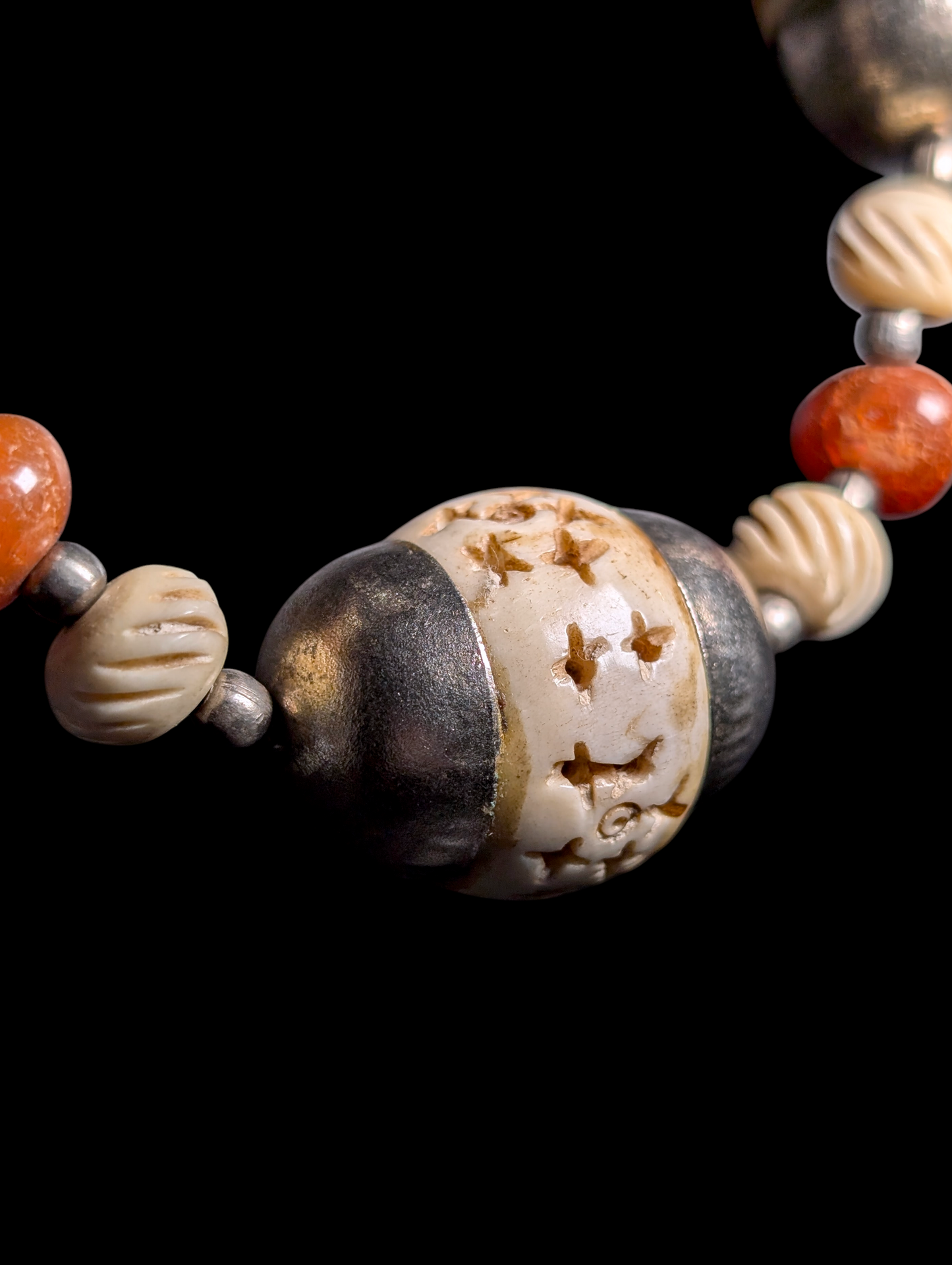 Vintage Genuine Carnelian and Carved Ivory Bone Elephant Silver Toned Tribal Necklace