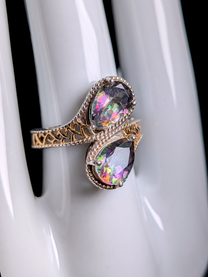 Vintage Inspired Pear Cut Twin Genuine Mystic Topaz with 14k Gold Filigree and Sterling Silver Wrap Ring