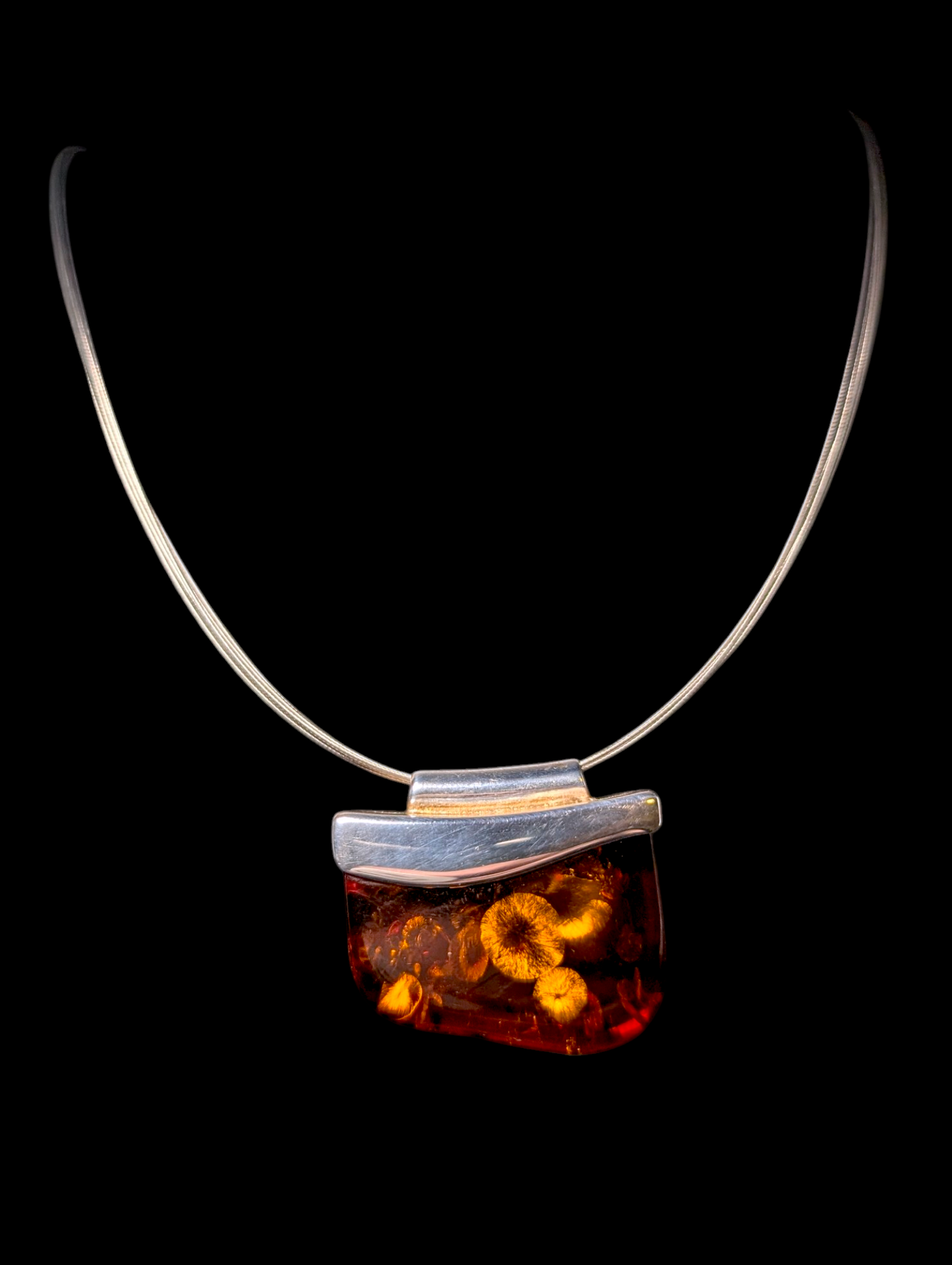 Vintage Modernist Genuine Baltic Amber Sterling Silver Poland Pendant with Necklace