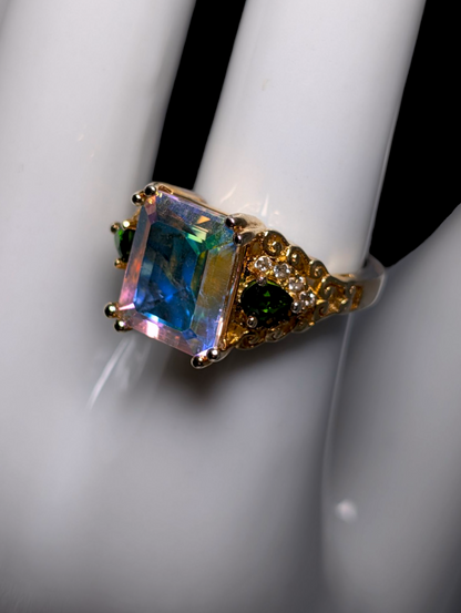 Vintage Emerald Cut Solitaire Genuine Mystic Topaz with Chrome Diopside and Zircon Accents 14k and Sterling Silver Ring