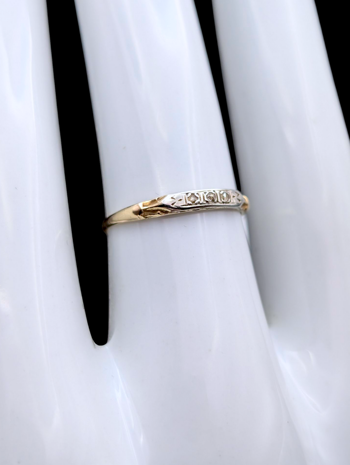 Antique Dainty Solid 14k Gold and Platinum Earth Mined Genuine Diamond Trilogy Wedding Band Ring