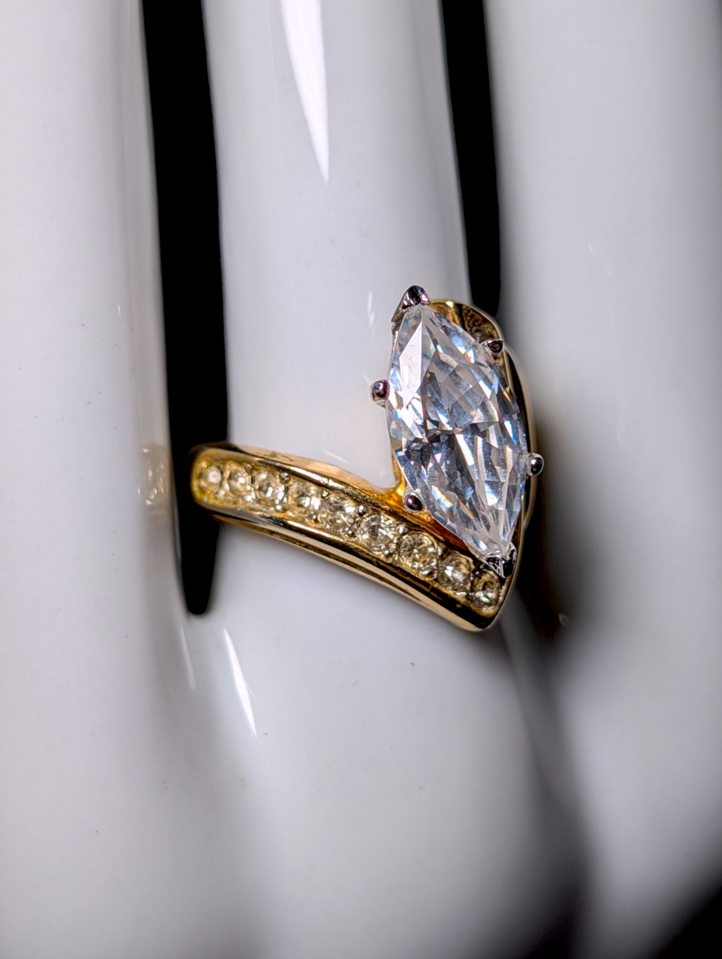 Vintage Marquise Cut Solitaire Simulated Diamond 14K HGE Gold Espo Statement Cocktail Ring