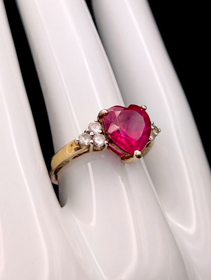 Vintage Genuine Red Ruby Heart with White Sapphire 14k Yellow Gold Vermeil Ring