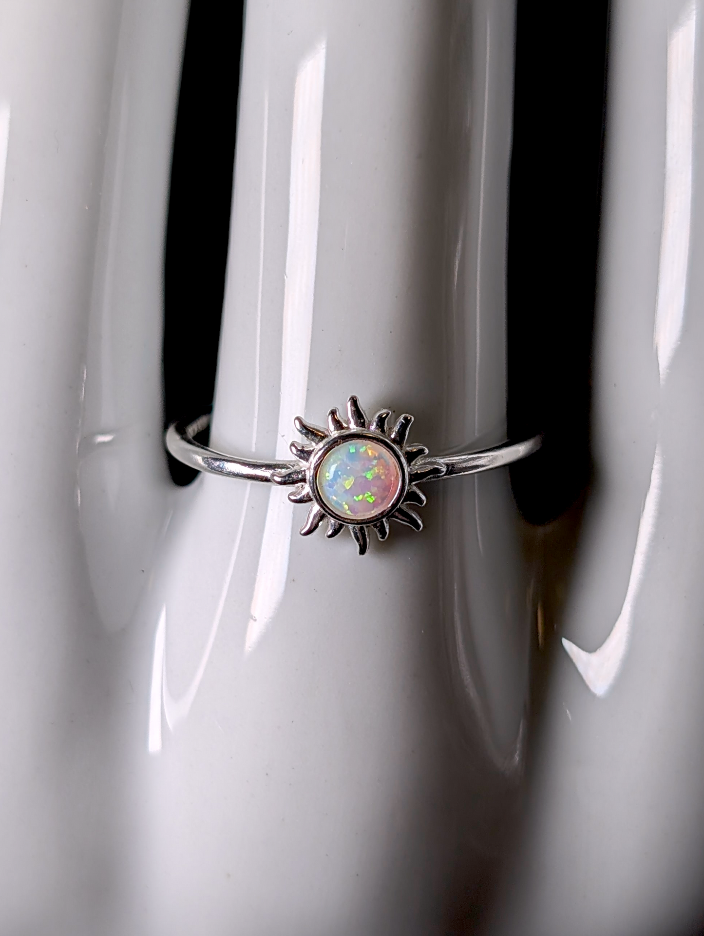 Vintage Inspired Dainty Round Cut Cabochon Genuine Opal Sunburst Stackable Sterling Silver Ring