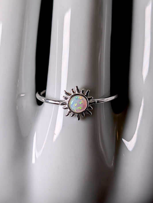 Vintage Inspired Dainty Round Cut Cabochon Genuine Opal Sunburst Stackable Sterling Silver Ring