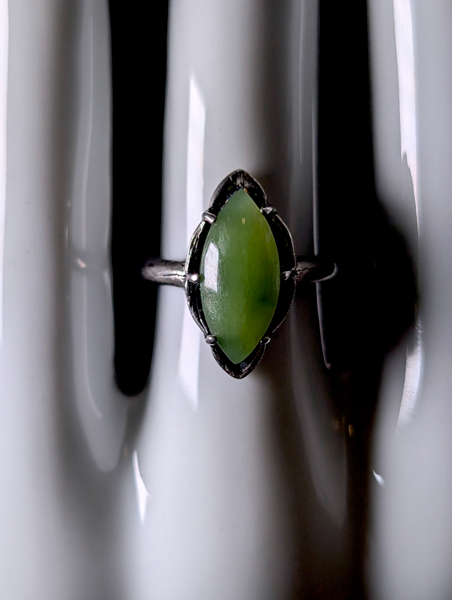 Vintage Marquise Cut Earth Mined Genuine Jade Solitaire with Scalloped Detailing Sterling Silver Ring