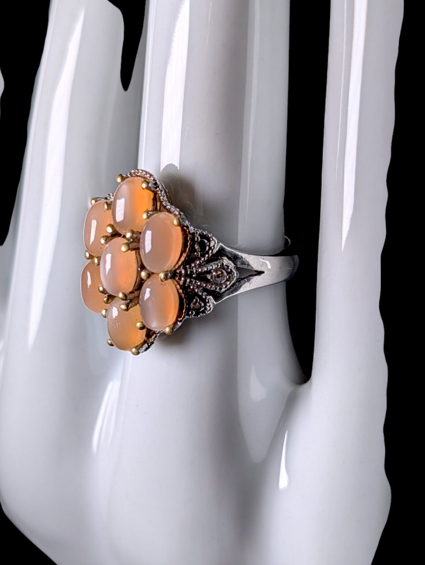 Vintage Peach Moonstone and Simulated Diamond Accented Cluster Cocktail Silver Toned Ring