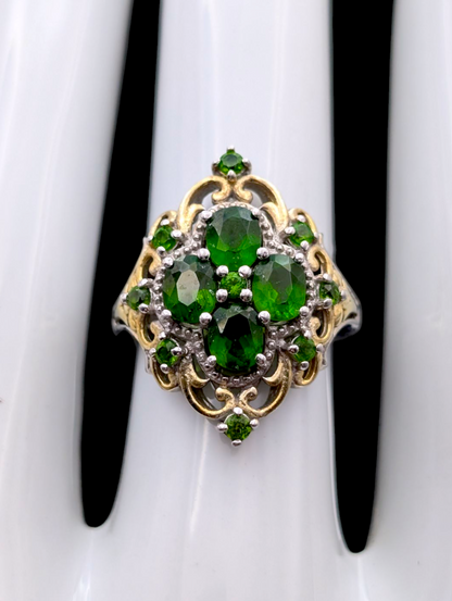 Vintage 14k Yellow Gold Filigree Cluster Earth Mined Genuine Chrome Diopside Sterling Silver Ring