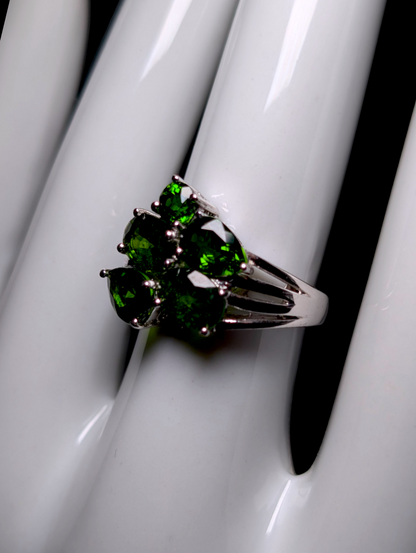 Vintage Multi-Cut Emerald Green Genuine Chrome Diopside Sterling Silver Split Shank Designer Ring