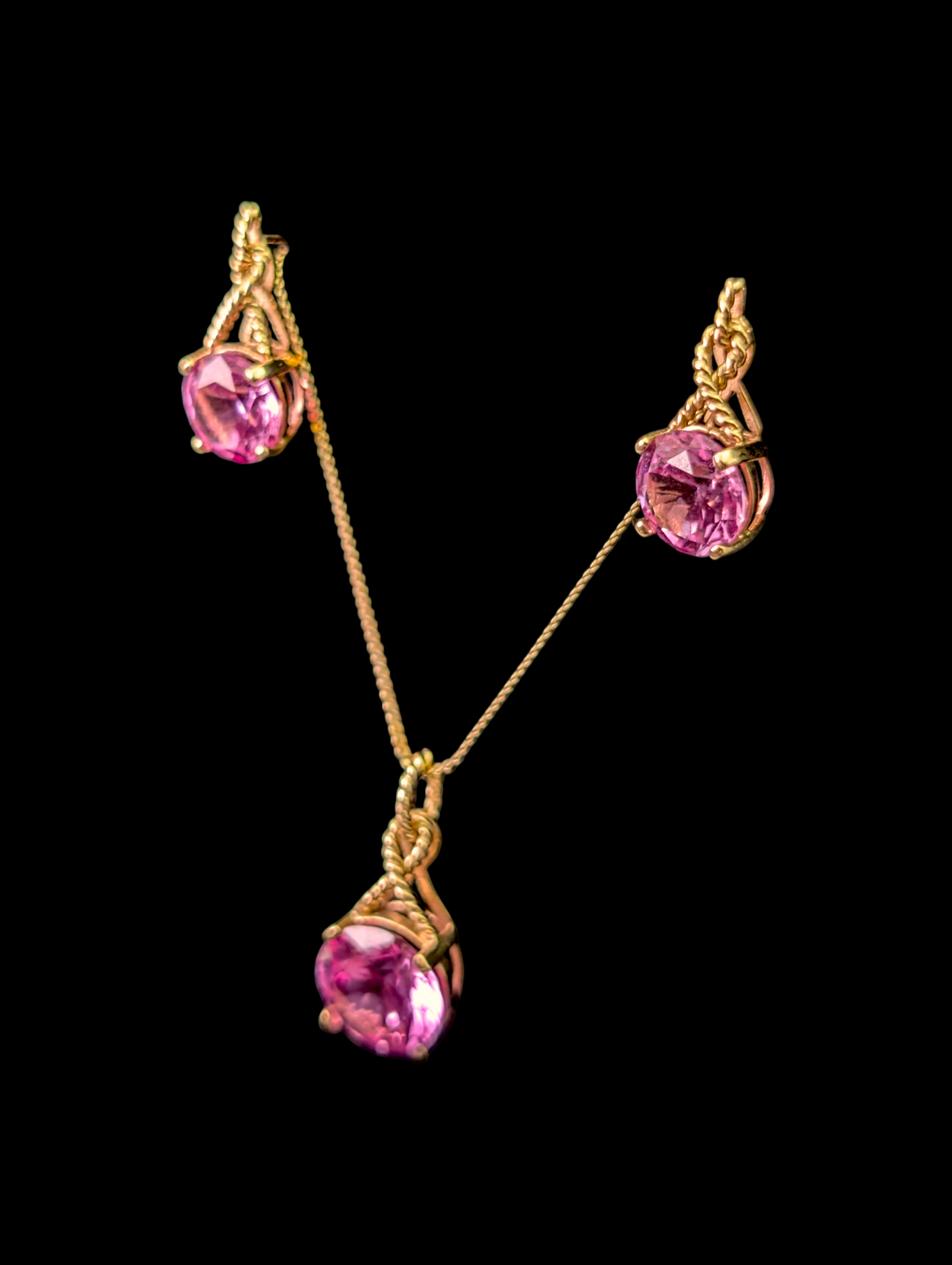 Vintage 10k Solid Yellow Gold 3+ Carat Genuine Pink Sapphire Necklace Pendant and Earrings Twisted Rope Set