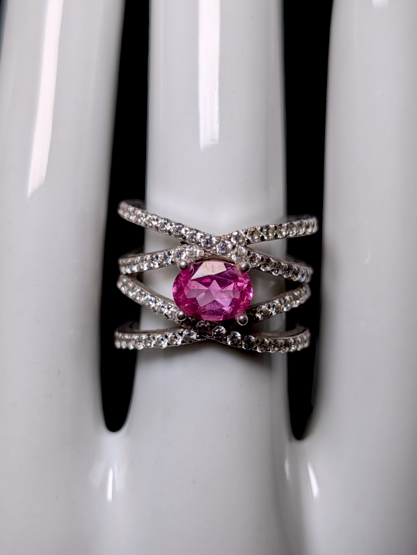 Vintage Inspired Criss Cross Genuine Pink Sapphire and Simulated Diamond Accents Sterling Silver Ring