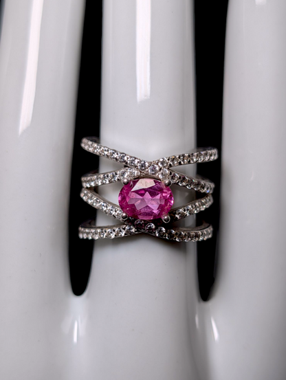 Vintage Inspired Criss Cross Genuine Pink Sapphire and Simulated Diamond Accents Sterling Silver Ring