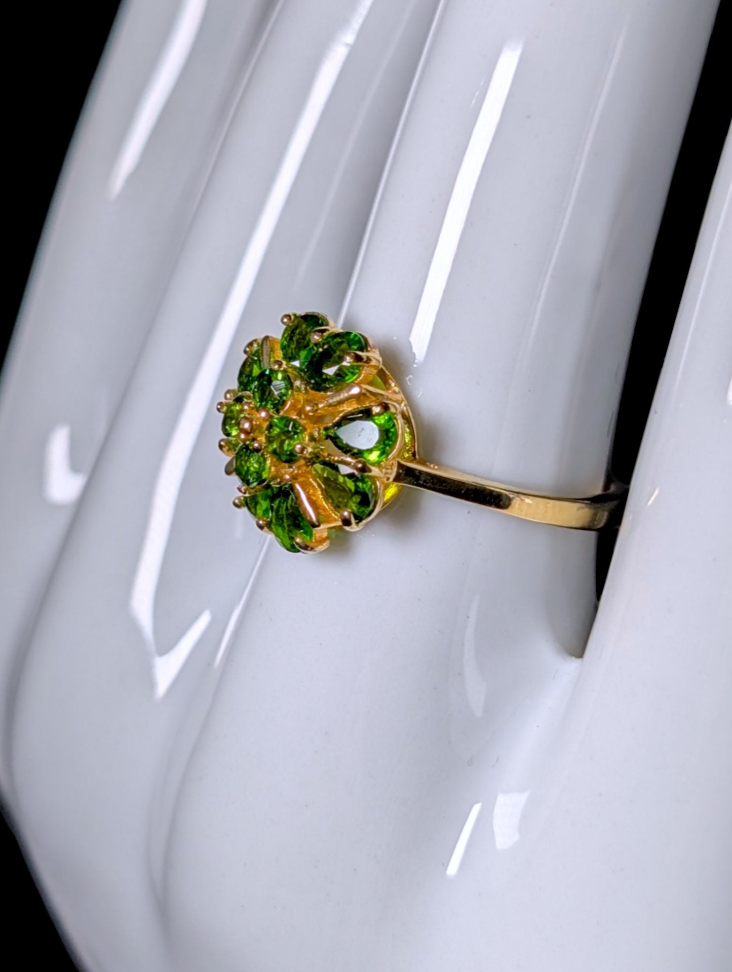 Vintage Clover Cluster Genuine Chrome Diopside 18k Gold Vermeil Ring