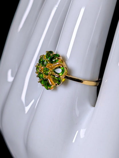 Vintage Clover Cluster Genuine Chrome Diopside 18k Gold Vermeil Ring